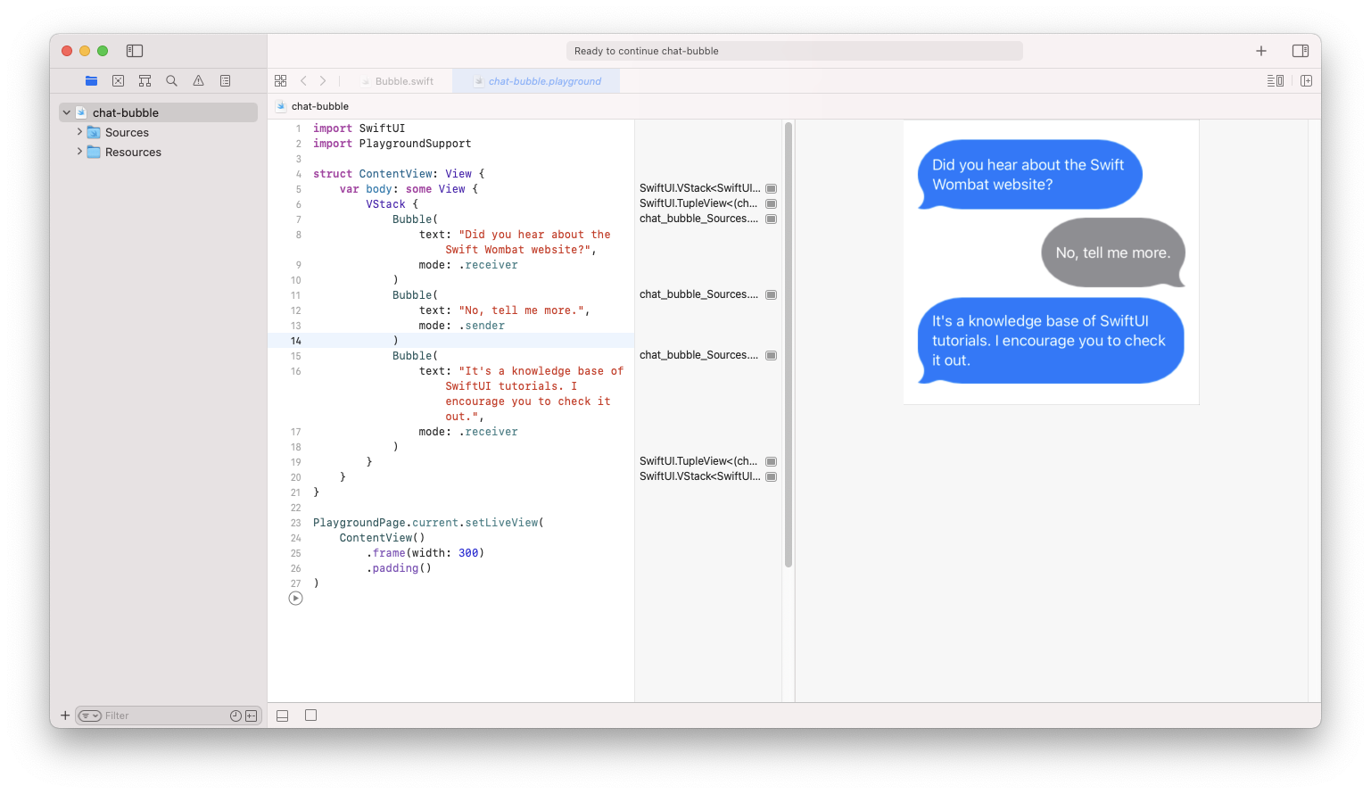 Chat bubbles Xcode Playground project