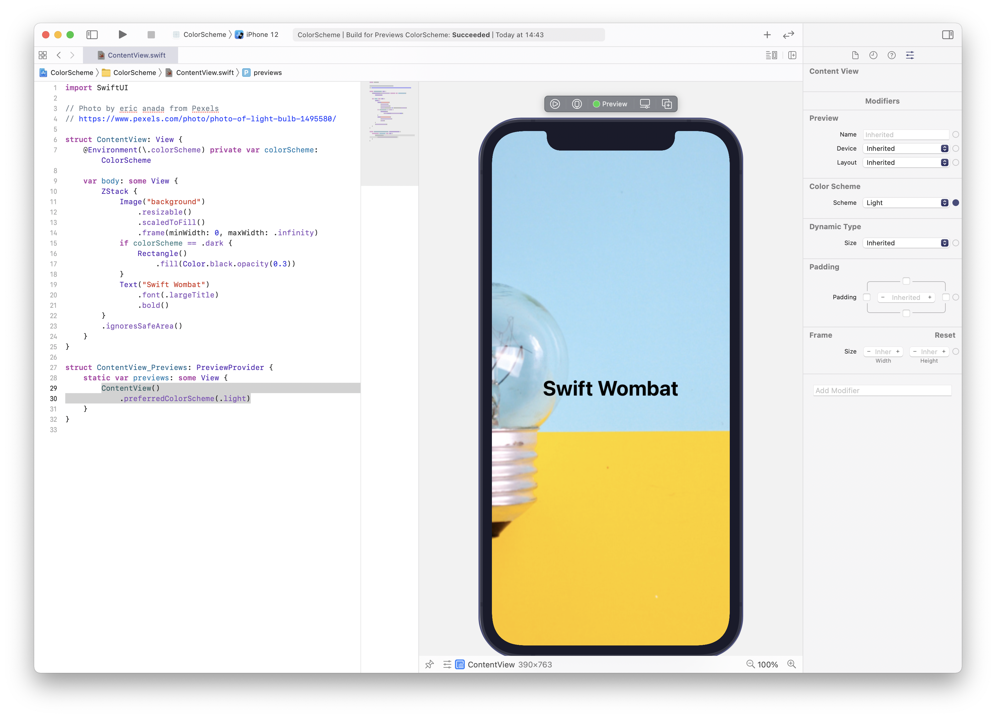 Xcode Image dim in light mode. Example project.